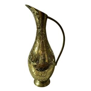 Vintage Etched Solid Brass Pitcher India Etched‎ Floral Design MCM 6 in Tall
